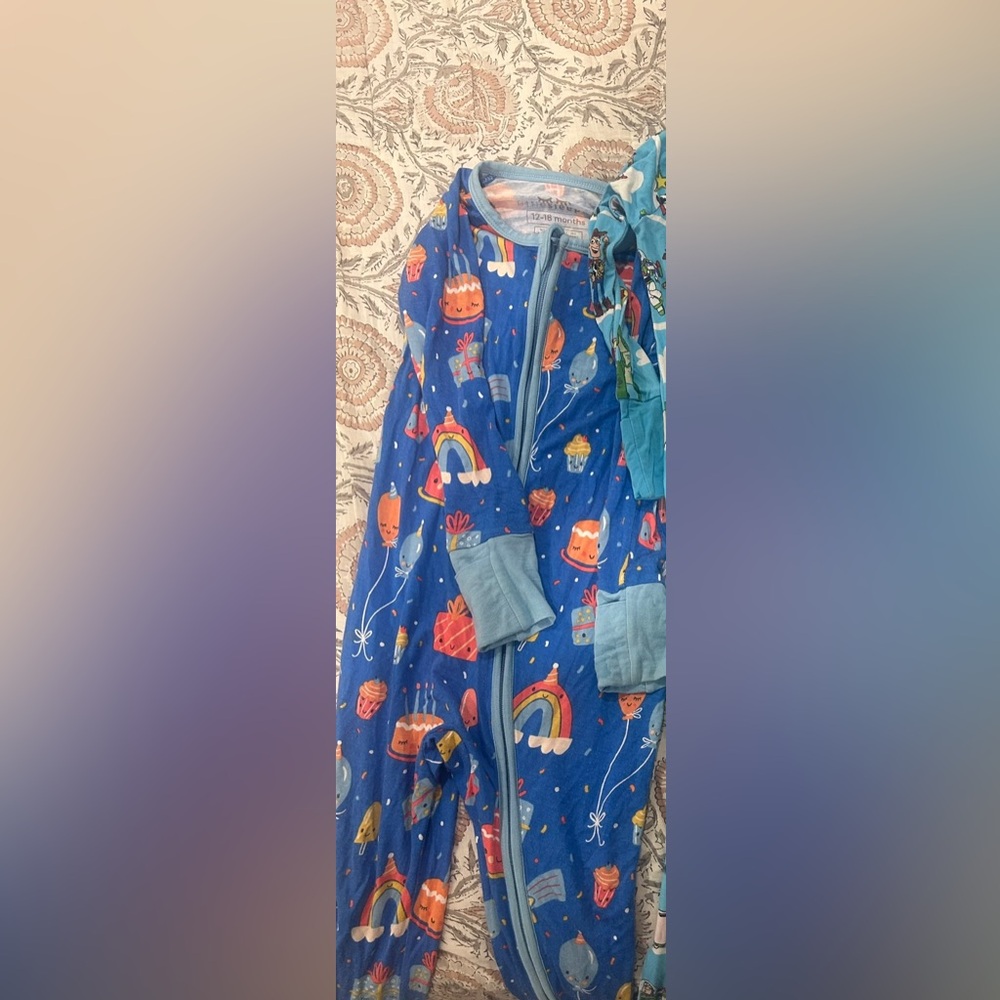 Little Sleepies Blue Pajama Set with Rainbow and Cake Print